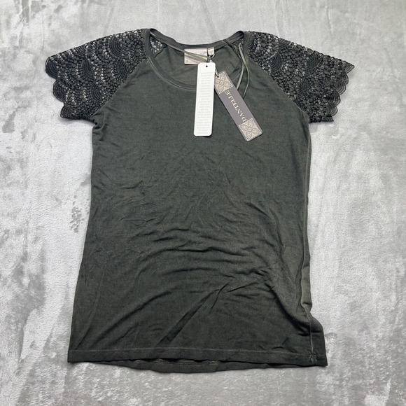 Dantelle Lace Sleeve Top Olive‎ Green Short Sleeve Tee Shirt New Size S - Picture 1 of 8